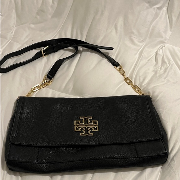 Tory Burch Handbags - Tory Burch Britten Black Pebbled Leather Shoulder Bag with Gold Logo and Chain